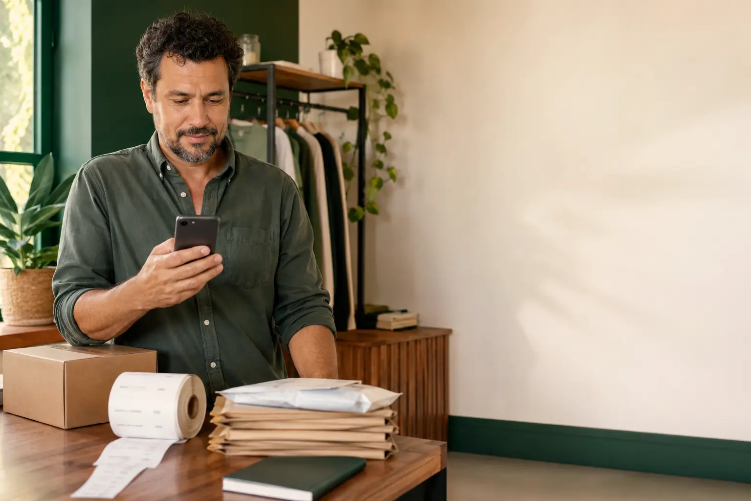 Dono de pequeno negócio revisando a operação com ajuda do celular