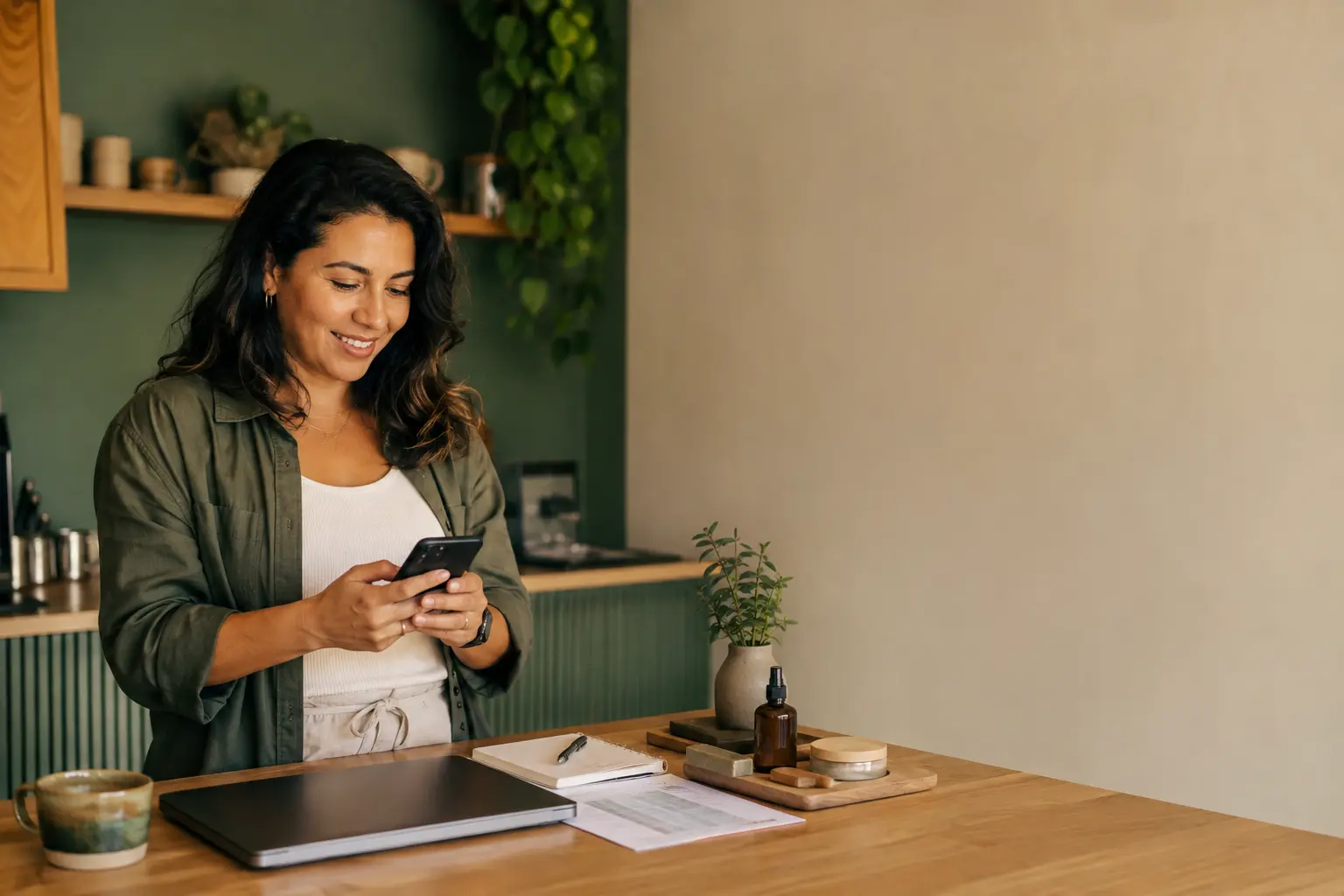 Empreendedora organizando o negócio pelo celular sem depender de planilhas