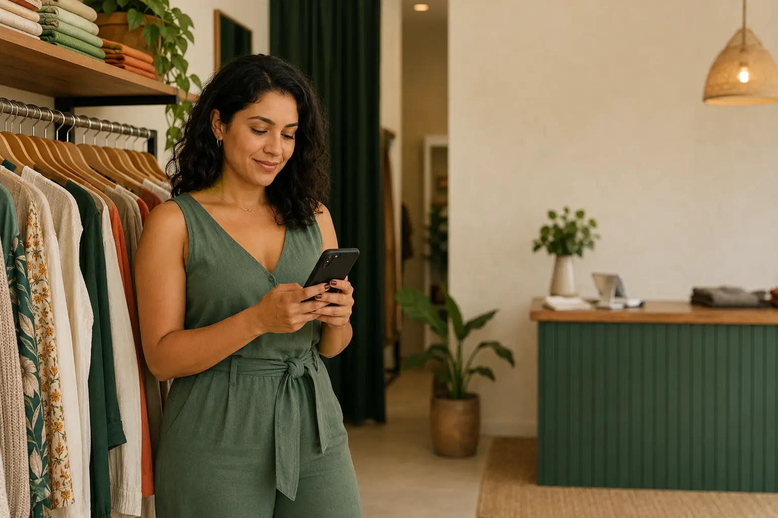 Dona de loja de roupas conferindo uma venda pelo celular