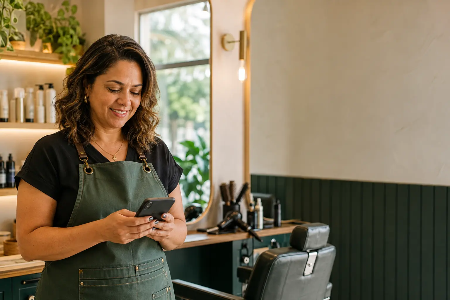 Dona de salão de beleza usando o celular entre atendimentos