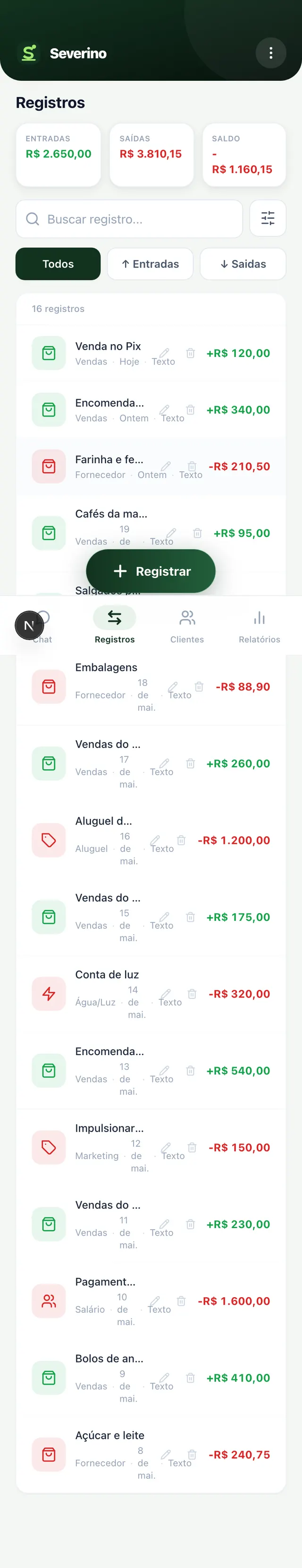 Lista de transações do Severino no celular